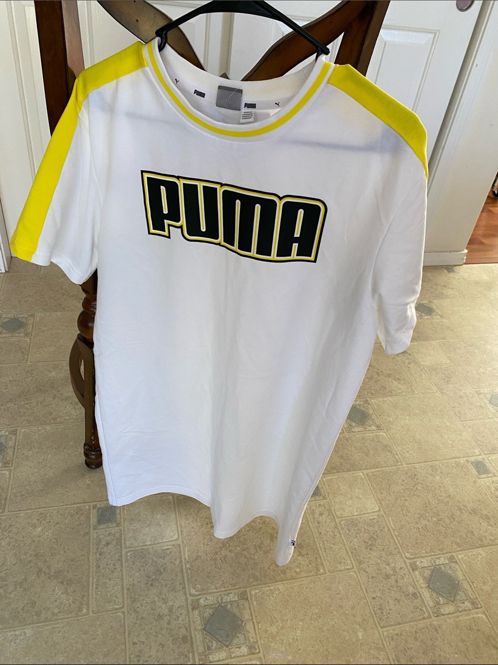 Puma White Tee shirt Dress with Yellow Shoulder Accents and Bold Black Logo